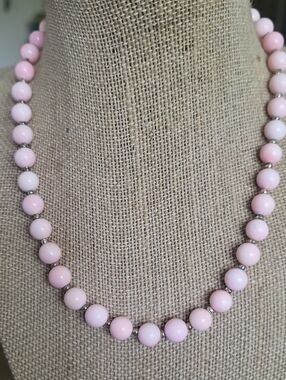 Handmade Light Pink Conch Shell Beaded Necklace with Silver Accents